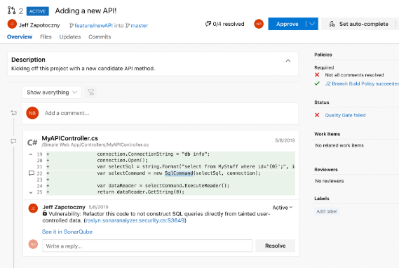 An example pull request, showing the ability to add comments and provide feedback on new pieces of code. Image taken from https://www.sonarqube.org/microsoft-azure-devops-integration/