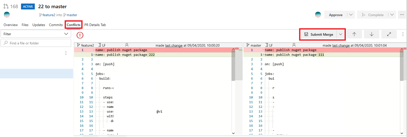 An example of a merge conflict in DevOps. Image taken from https://stackoverflow.com/questions/64689623