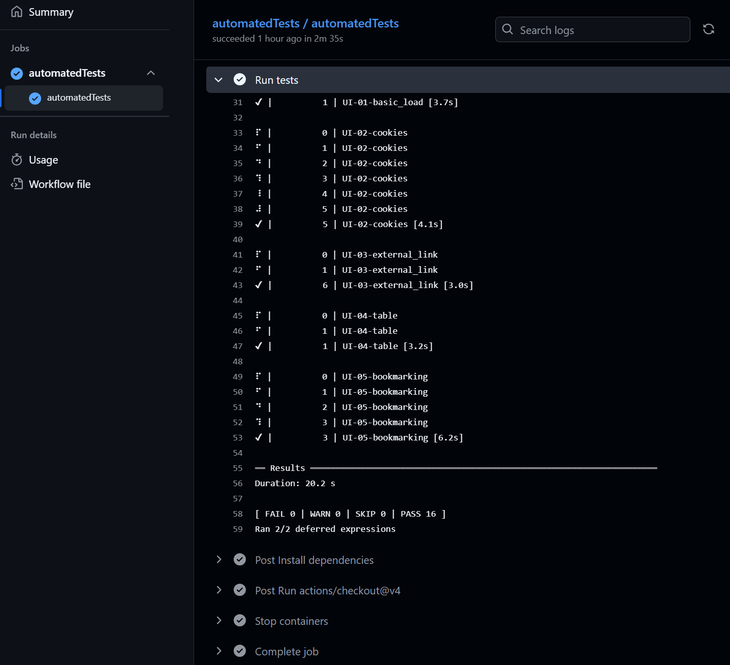 Image of the results of example automated tests viewed in GitHub Actions