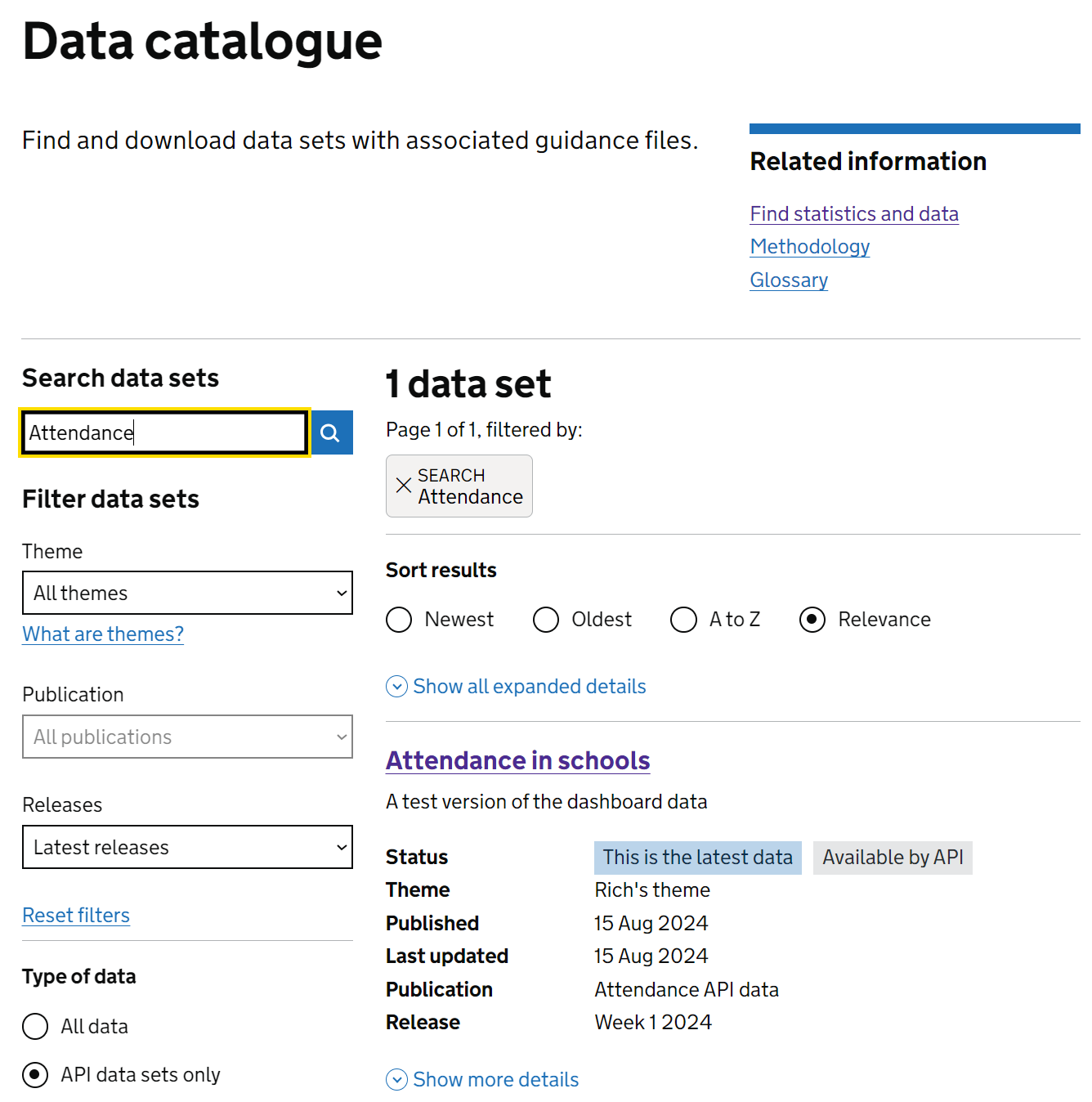 Finding an API data set in the EES data catalogue