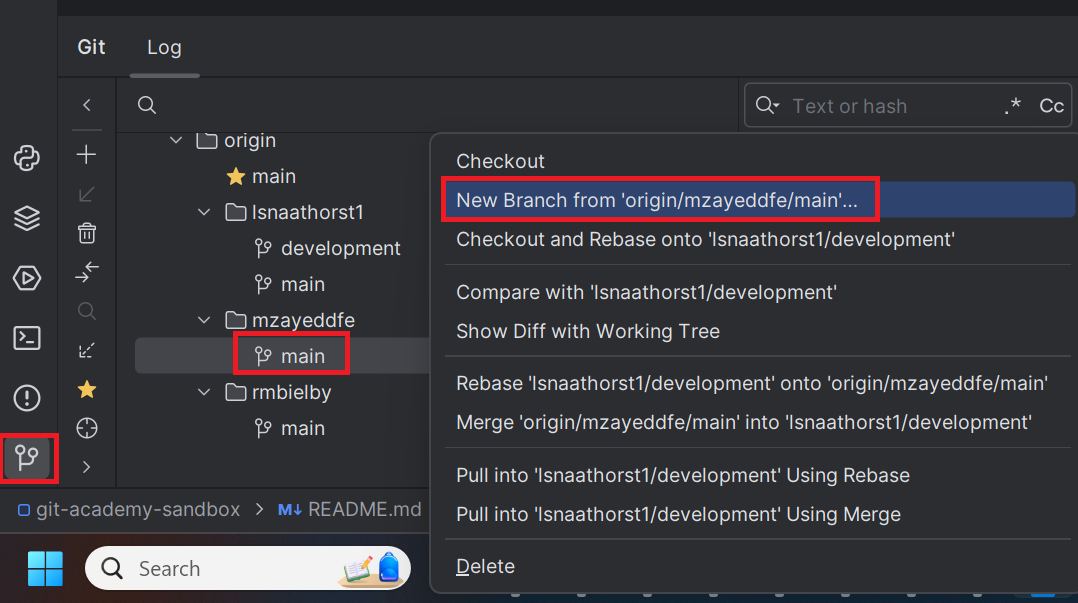 Creating a development branch in PyCharm based on an existing branch.