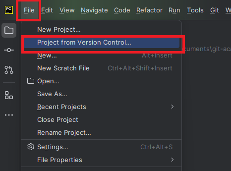A screenshot showing the PyCharm interface with the File menu open and the Project from Version Control option highlighted.