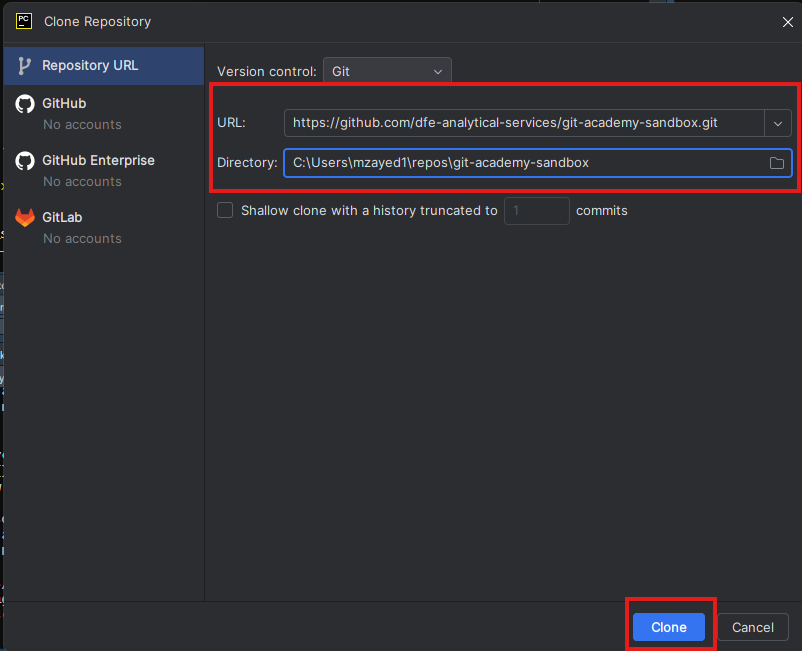 A screenshot showing the PyCharm interface with the URL field filled in and the Clone button highlighted.