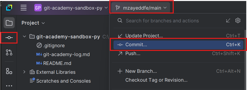 Highlighting the two ways to open the commit window.