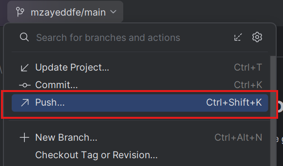 Highlighting the Push option in the branch drop down menu.