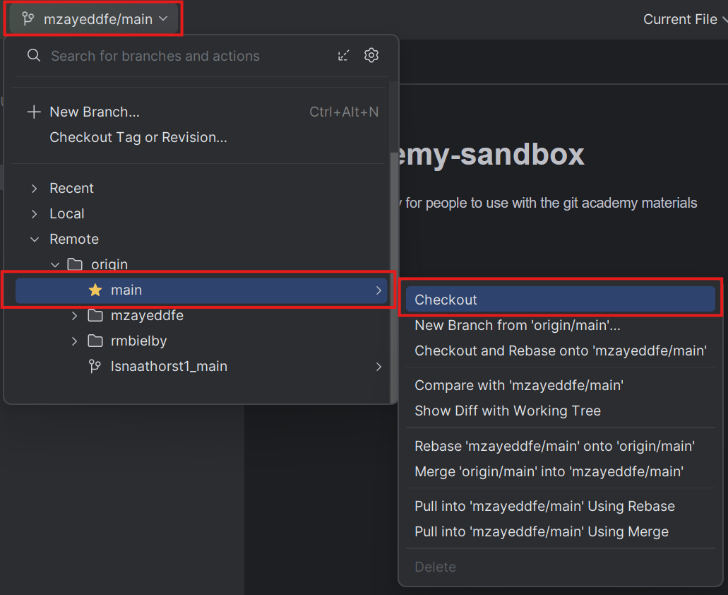 Highlighting PyCharm's branches dropdown menu, the Remote drop down sub menu, the branch called main and the Checkout option that appears when you click on that branch.