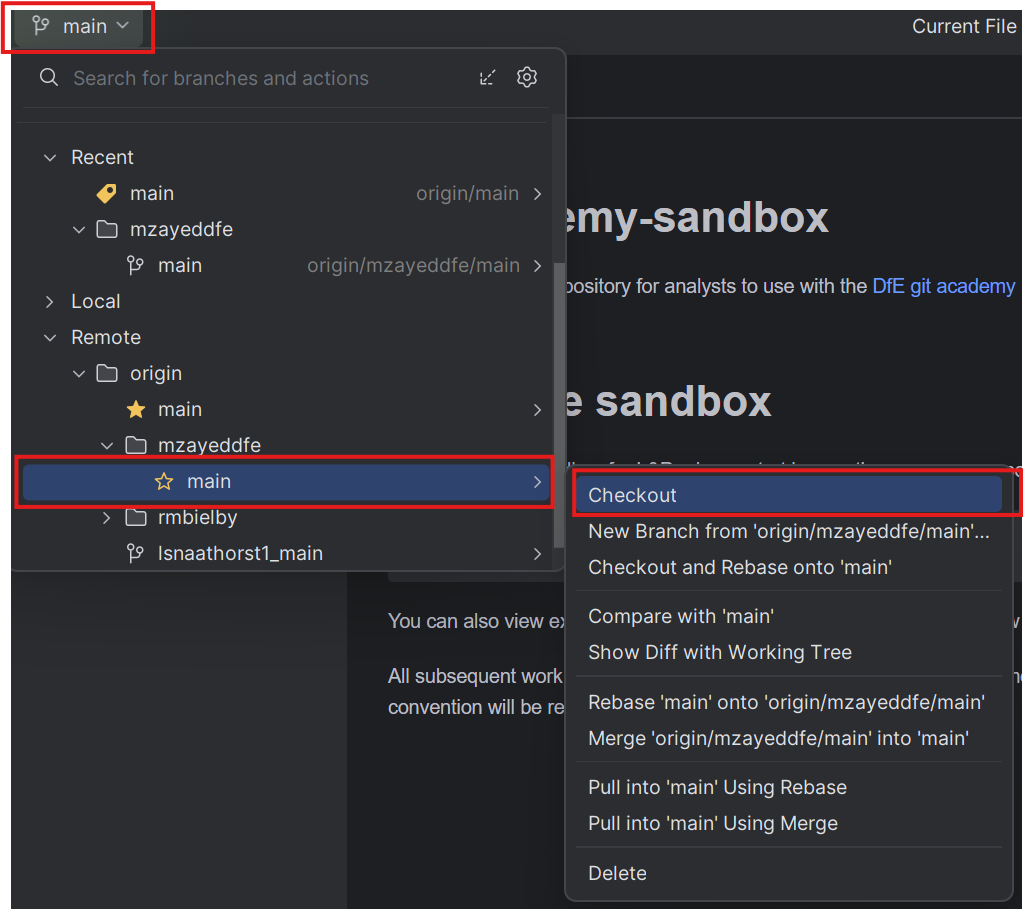 Highlighting PyCharm's branches dropdown menu, the Remote drop down sub menu, an example of a user specific branch and the Checkout option that appears when you click on that branch.