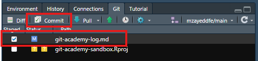 Higlighting the Commit button and an example of ticking changes in the Git panel in RStudio.