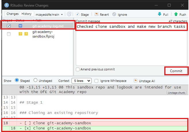 Highlighting the commit message section and the Commit button in the RStudio: Review Changes pop up window that appears after completeing the last step.