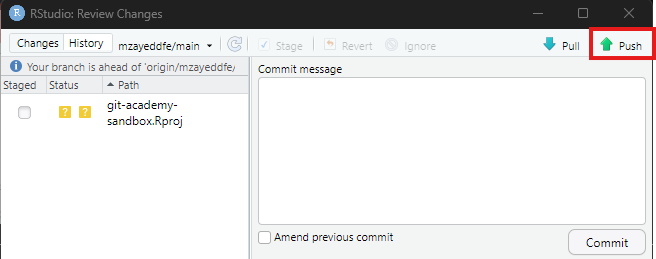 Highlighting the upwards arrow for pushing changes to remote repos in the RStudio's Review Changes window.