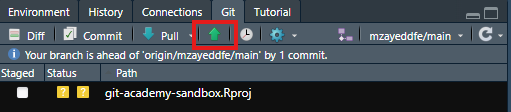 Highlighting the upwards arrow for pushing changes to remote repos in RStudio's Git window. It is there to show an alternative way of pushing changes to remote repos.