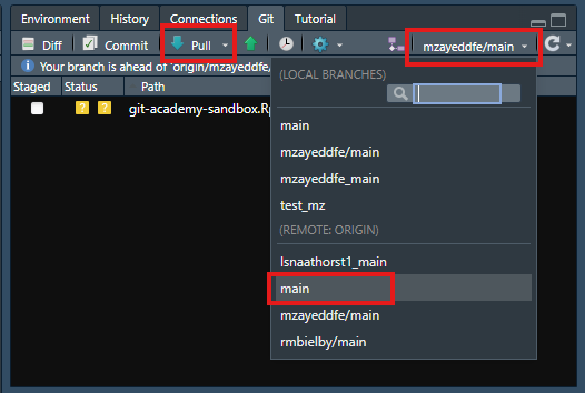 The Git panel in RStudio with red rectangles highlighting the downwards pull arrow, the branches drop down menu and the branch called main that we want to switch to.