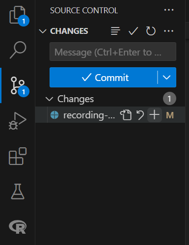 Shows the user the + button to stage a file, as well as the location of the Source Control panel.