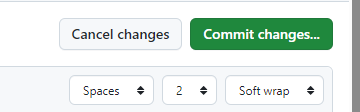 Screenshot of the 'Commit changes' button on the git-academy-log.md file on GitHub, which shoes after making changes in edit mode.