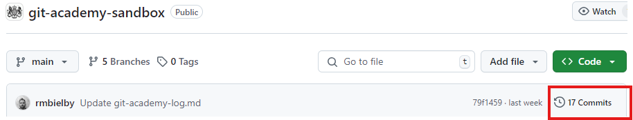 Screenshot of the git-academy-sandbox repository, highlighting the 'Commits' button that appears when a branch is selected.