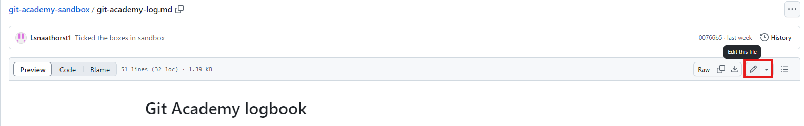Screenshot of the git-academy-sandbox repository on GitHub, showing the git-academy-log.md file and the pencil icon (✏️) for editing the file.