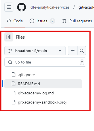 Screenshot of the git-academy-sandbox repository on GitHub, displaying the files pane as seen when viewing files in a branch.