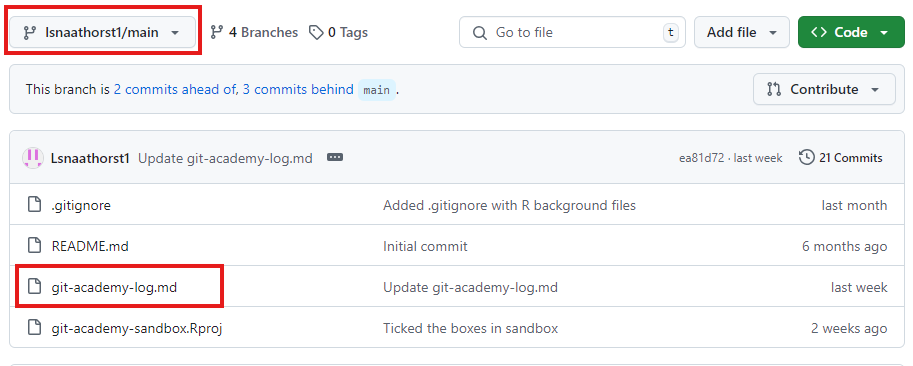 Screenshot of the git-academy-sandbox repository on GitHub, with the lsnaathorst-main branch selected and the git-academy-log.md being selected.