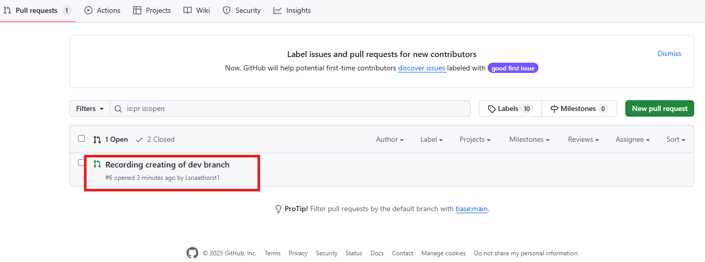 Higlighting where open pull requests show in GitHub once the Pull request tab has been opened.