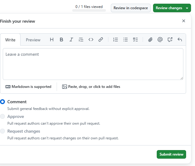 Higlighting where to provide general feedback, request changes or approve on a pull request.