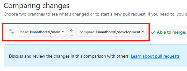 Higlighting where to change the base and compare branches once you have pressed the 'create a pull request' button on GitHub.