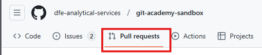 Higlighting the Pull requests tab on GitHub.