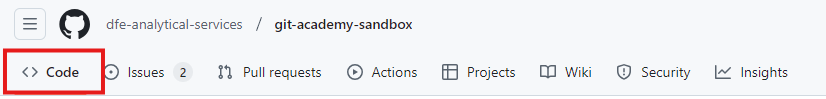 Screenshot of the git-academy-sandbox repository on GitHub, highlighting the 'Code' tab.