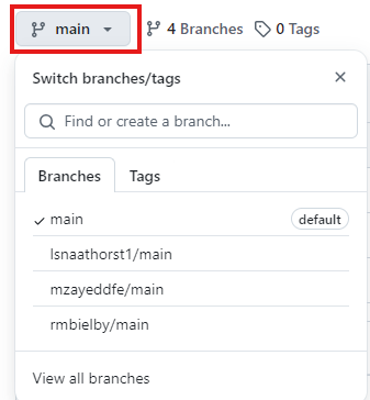 Screenshot of the git-academy-sandbox repository on GitHub, displaying the branches drop-down menu with 'main' selected.